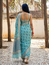 MIMOSA Sapphire Banarasi Linen Saree — pose 2 styling detail