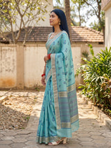 MIMOSA Sapphire Banarasi Linen Saree — pose 3 styling detail