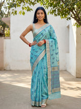 MIMOSA Sapphire Banarasi Linen Saree — pose 4 styling detail