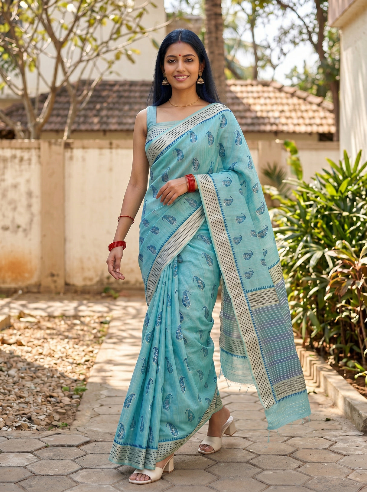MIMOSA Sapphire Banarasi Linen Saree — pose 6 styling detail