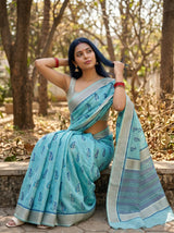 MIMOSA Sapphire Banarasi Linen Saree — pose 8 styling detail