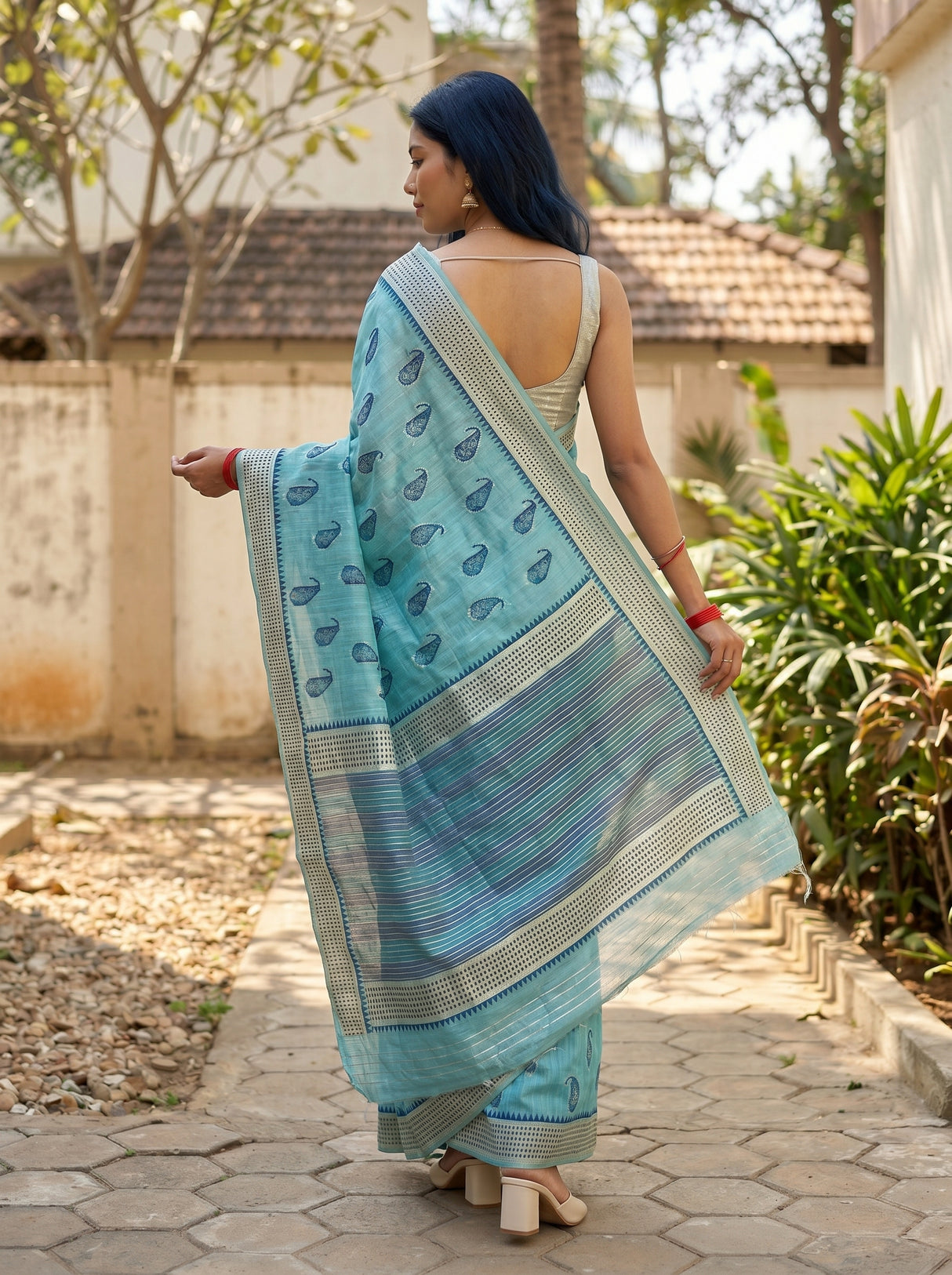 MIMOSA Sapphire Banarasi Linen Saree — pose 9 styling detail