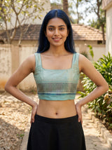 MIMOSA Sapphire Banarasi Linen Saree — blouse close-up