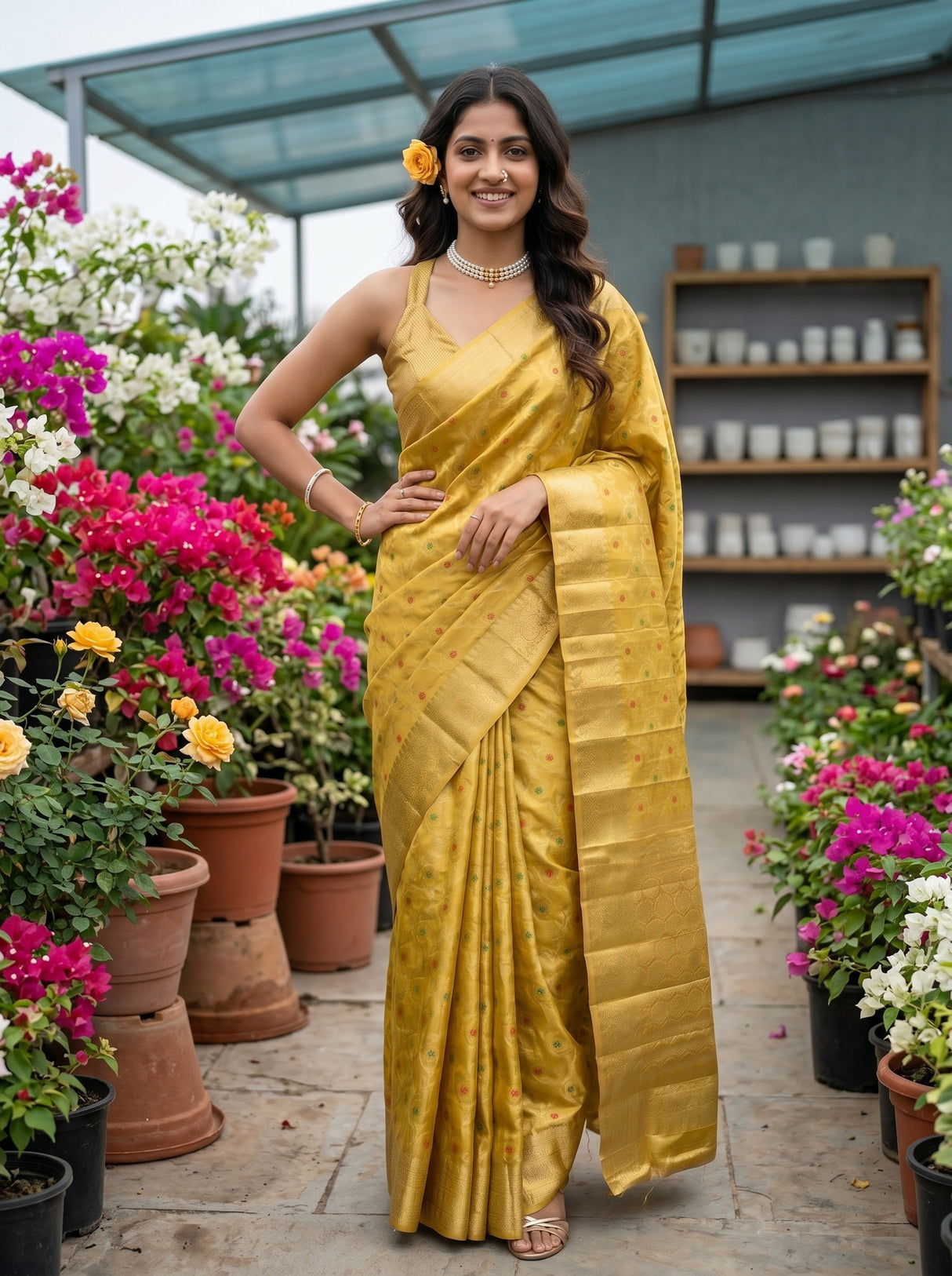 MIMOSA Gold Banarasi Saree — pose 4 styling detail