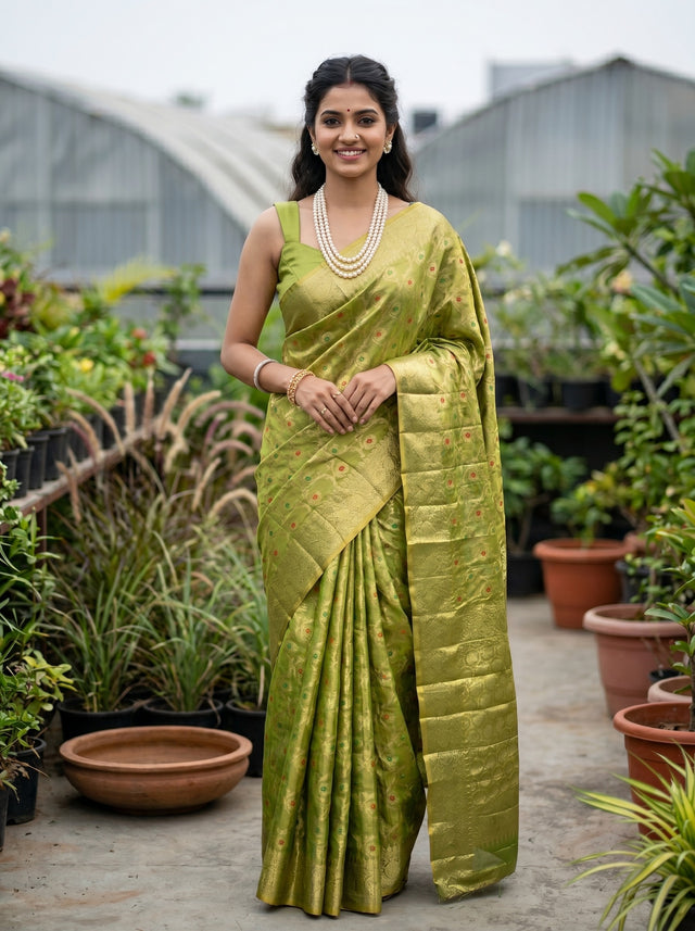MIMOSA Olive Banarasi Art Silk Saree — AI Model lifestyle pose