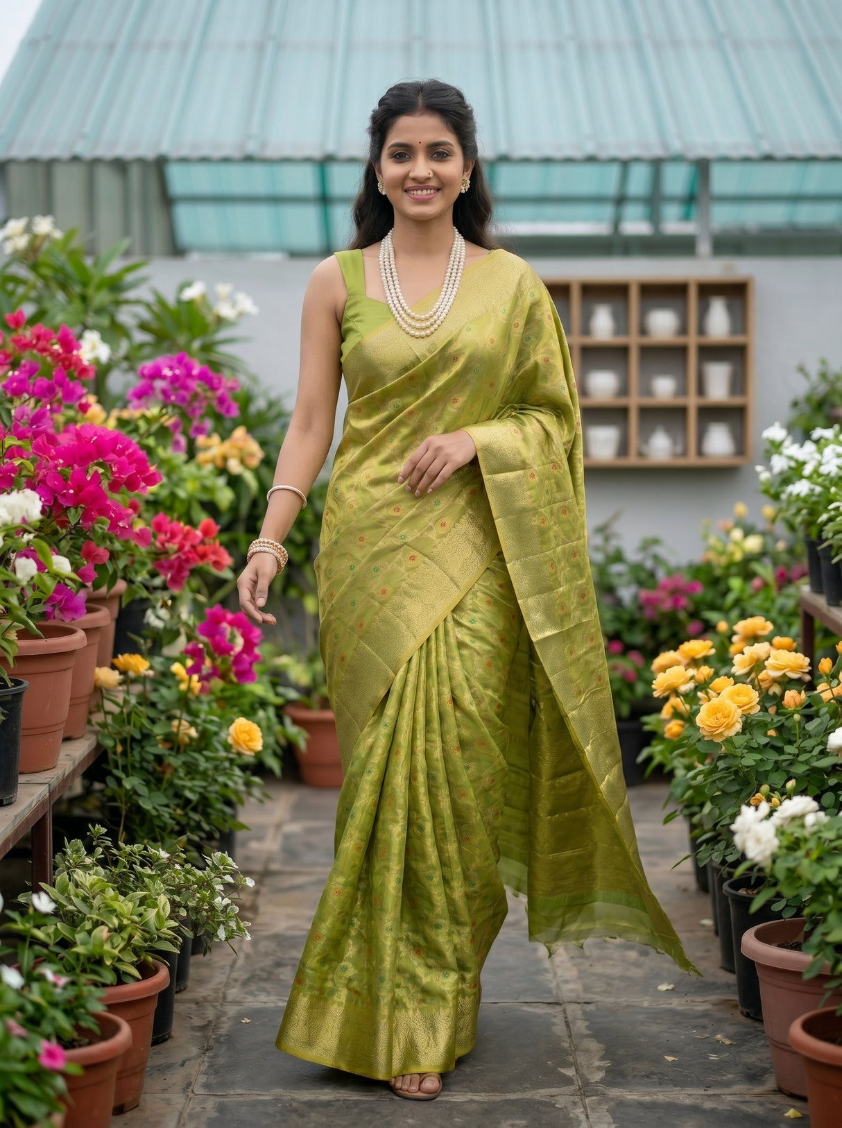 MIMOSA Olive Banarasi Saree — pose 6 styling detail