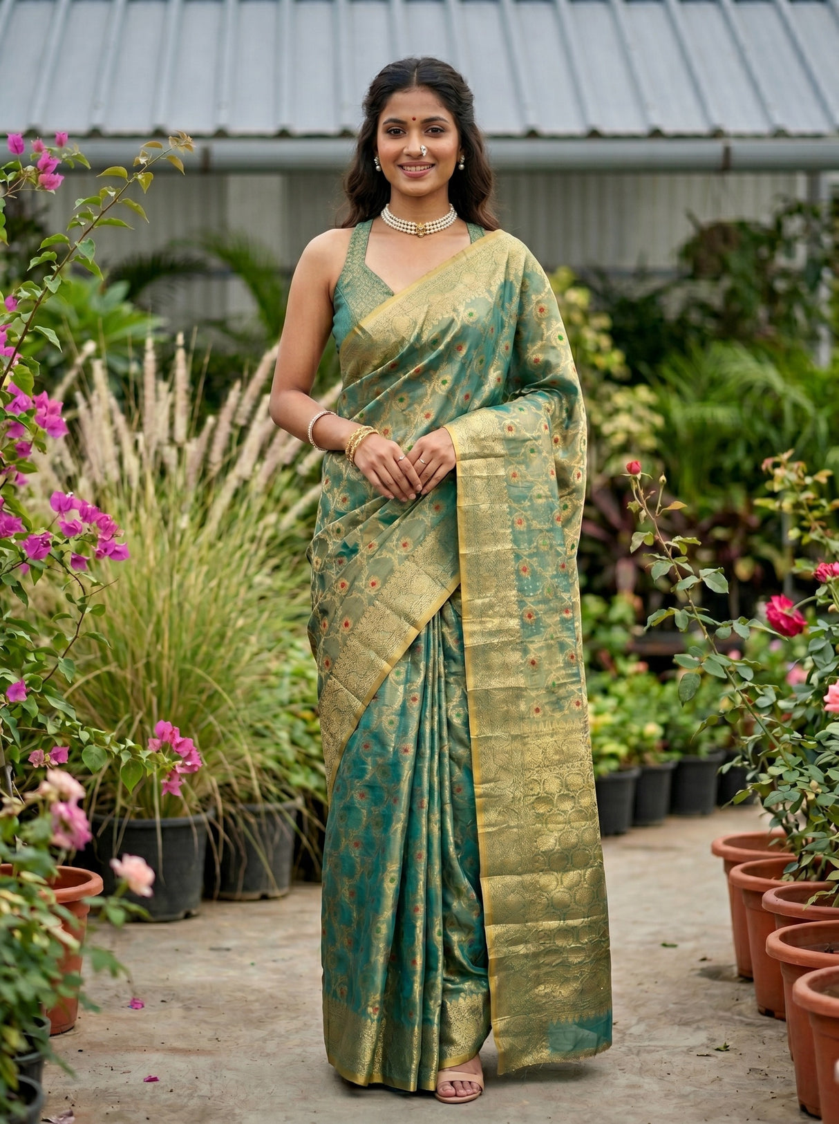 MIMOSA Rama Banarasi Art Silk Saree — AI Model lifestyle pose