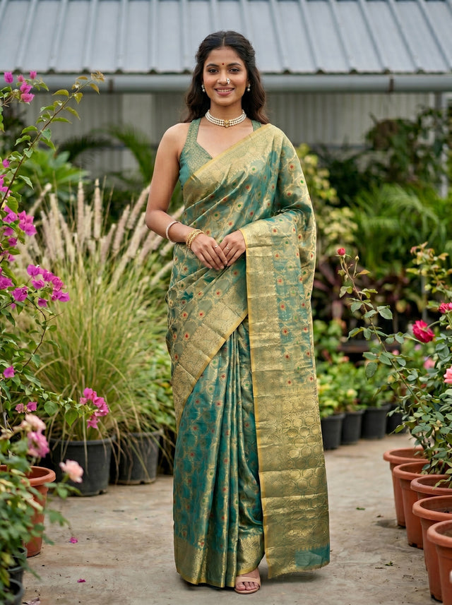 MIMOSA Rama Banarasi Art Silk Saree — AI Model lifestyle pose