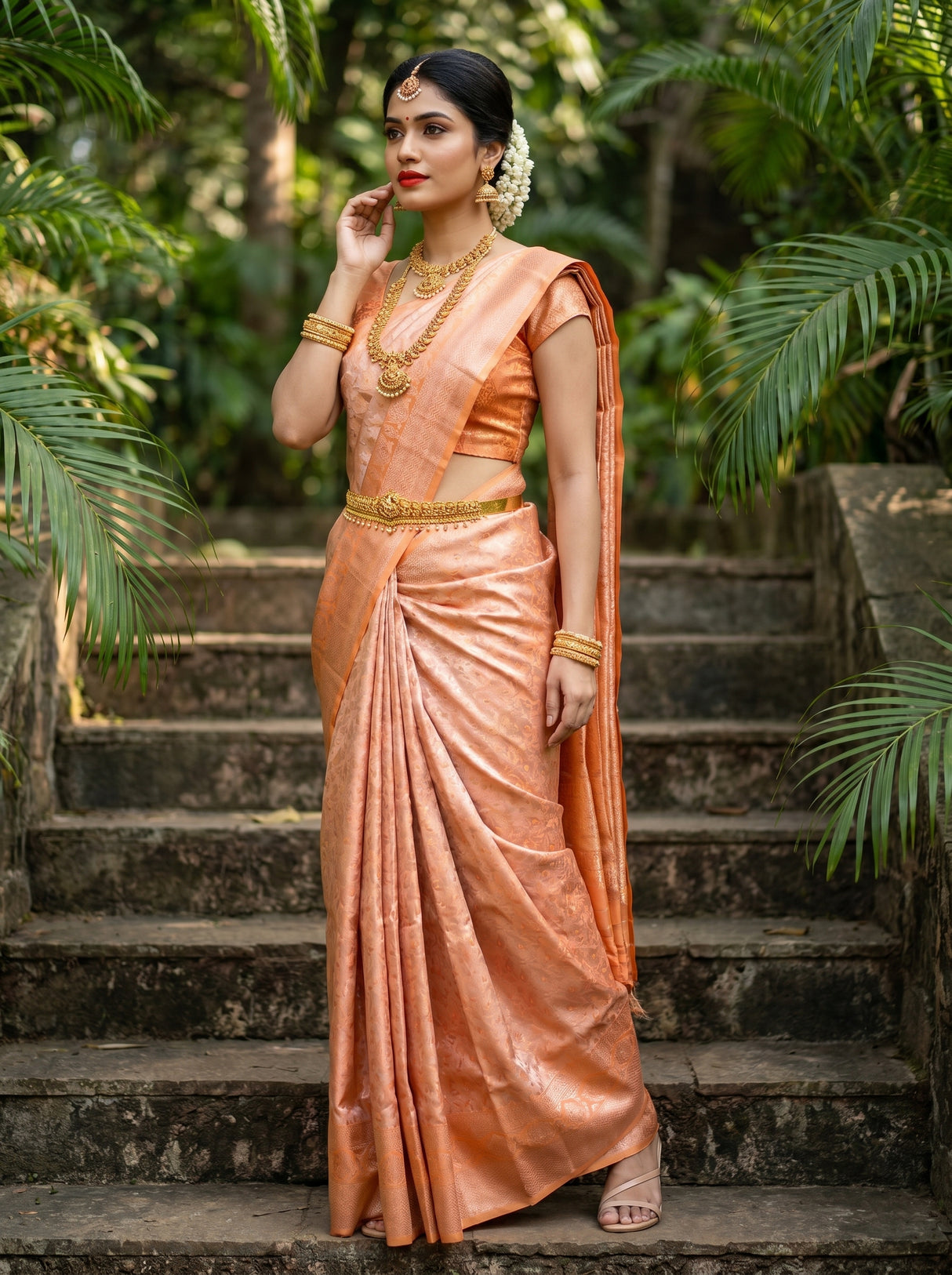 MIMOSA Peach Kanjivaram Art Silk Saree — Close-up on Face