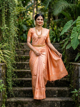 MIMOSA Peach Kanjivaram Art Silk Saree — Bodice and Jewellery Detail