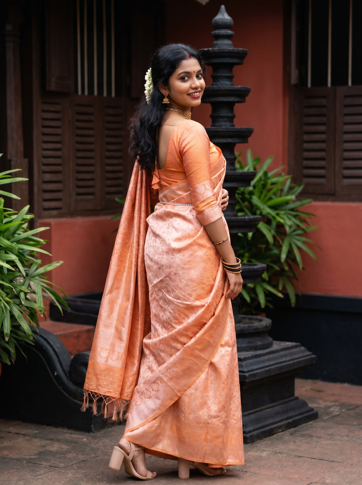 MIMOSA Peach Kanjivaram Art Silk Saree — Side Profile