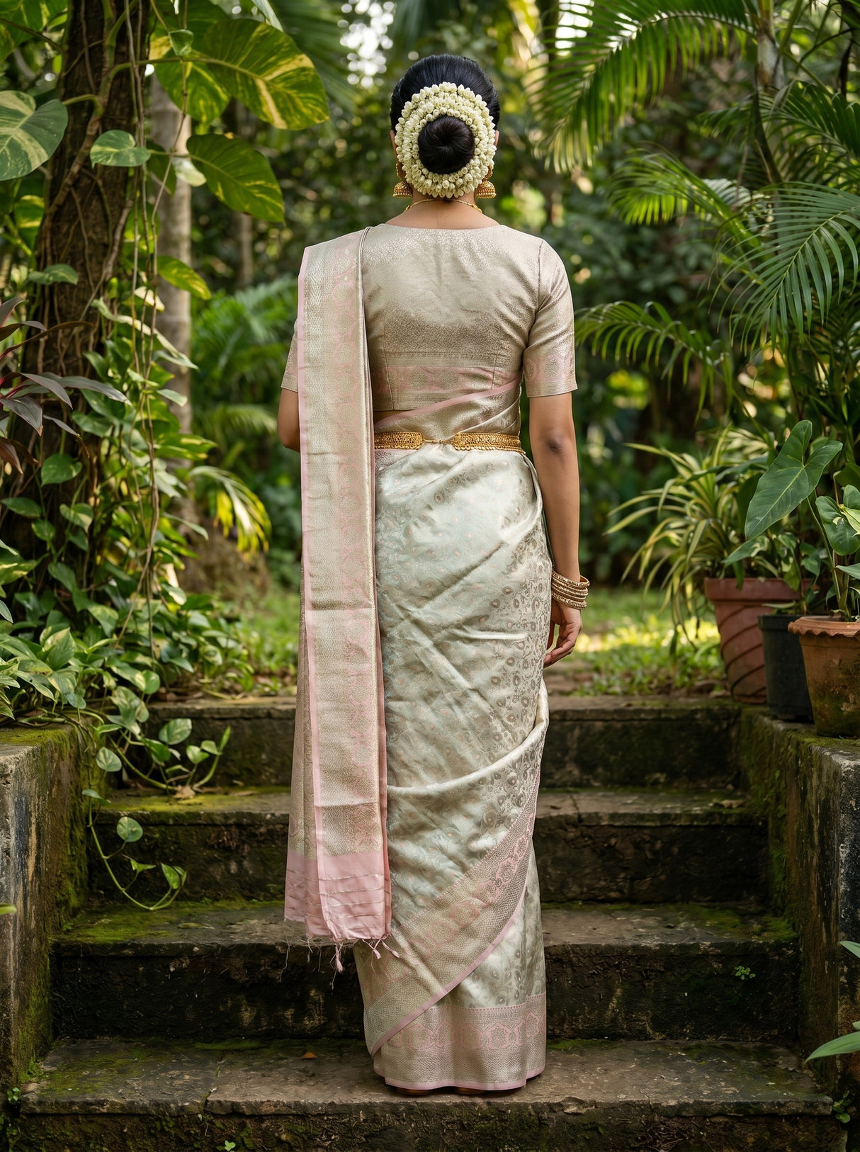 MIMOSA Pink Kanjivaram Art Silk Saree — Close-up on Face