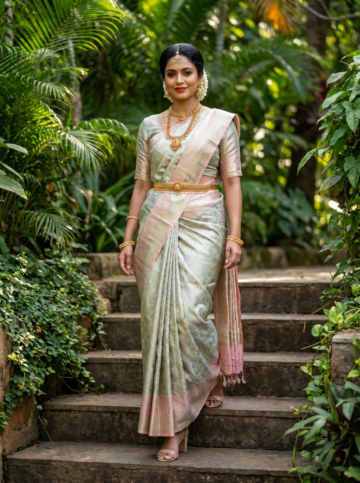 MIMOSA Pink Kanjivaram Art Silk Saree — Side Profile