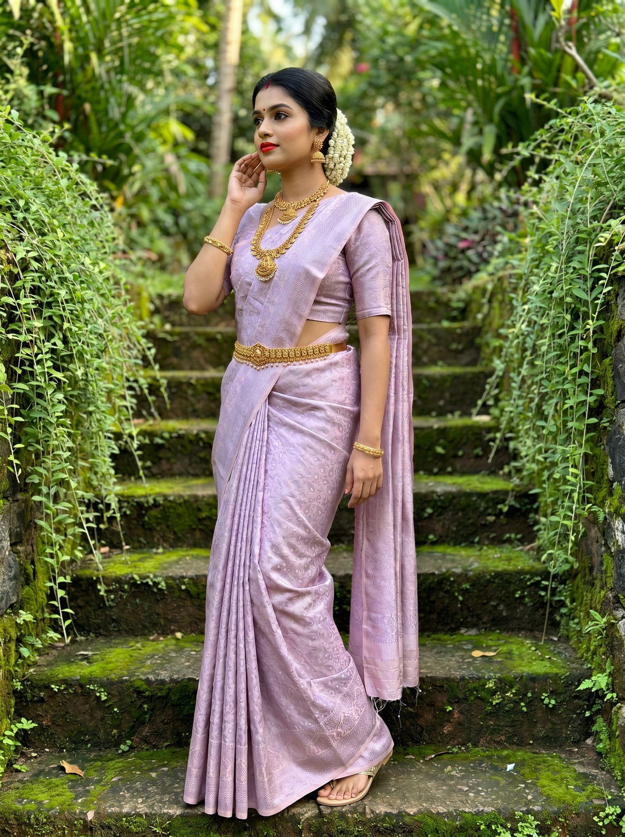 MIMOSA Violet Kanjivaram Art Silk Saree — Bodice and Jewellery Detail