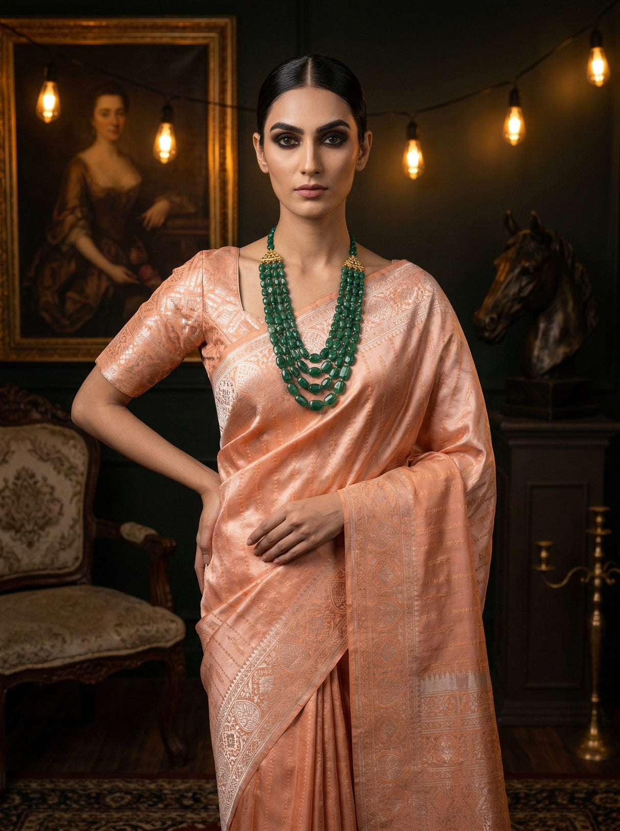 MIMOSA Peach Kanjivaram Art Silk Saree — view of saree drape and pallu