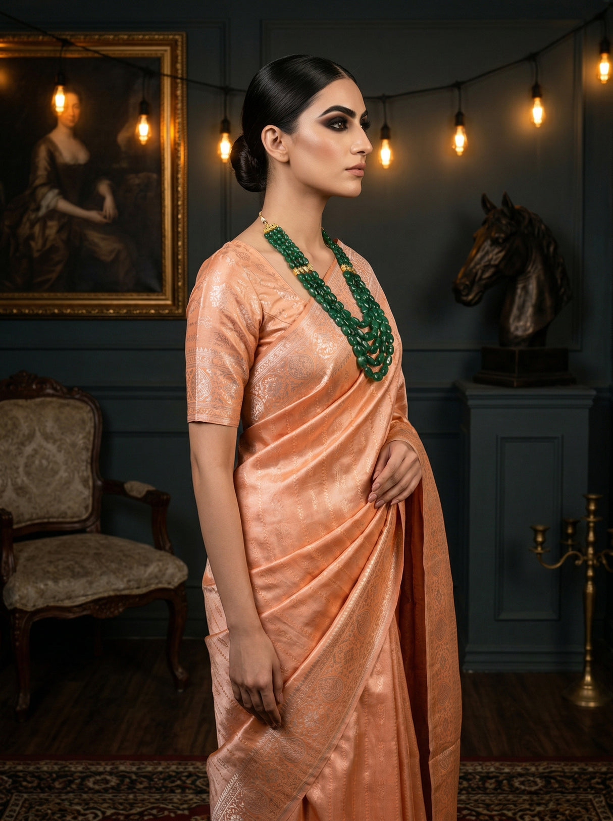 MIMOSA Peach Kanjivaram Art Silk Saree — detail of blouse and border