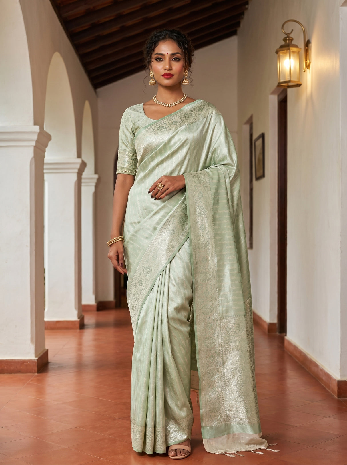 MIMOSA Pista Kanjivaram Art Silk Saree — full length view
