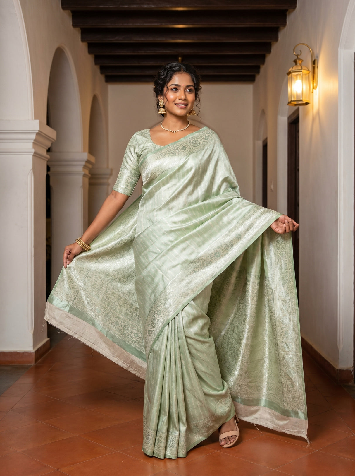 MIMOSA Pista Kanjivaram Art Silk Saree — view of saree drape and pallu