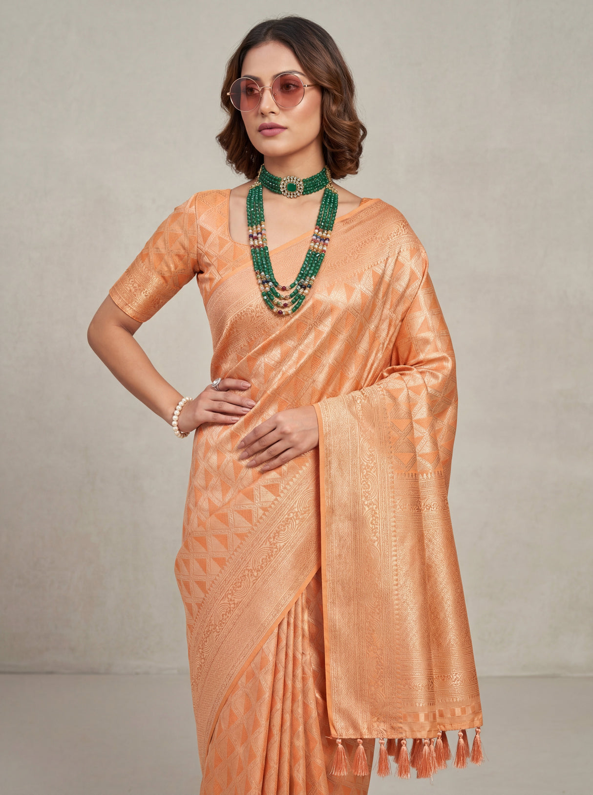 MIMOSA Peach Kanjivaram Art Silk Saree — Body and Border Detail