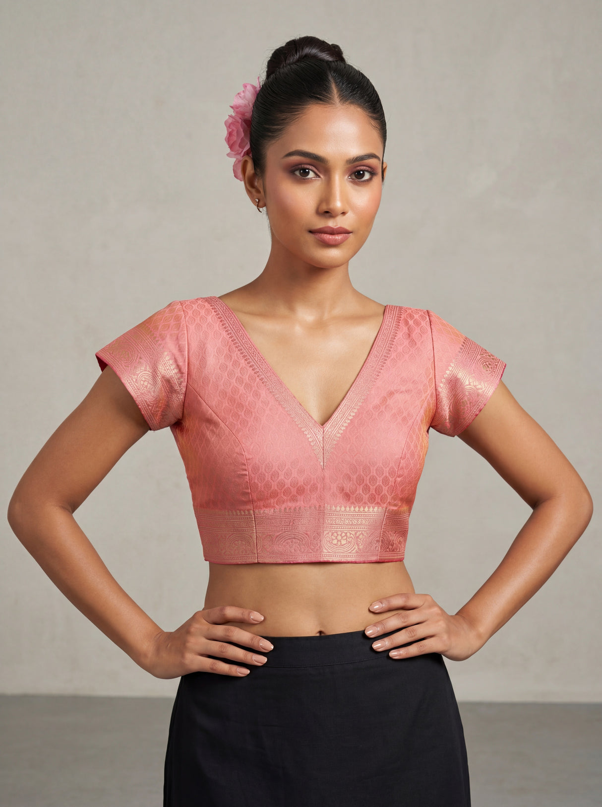 MIMOSA Pink Kanjivaram Art Silk Saree — blouse close-up
