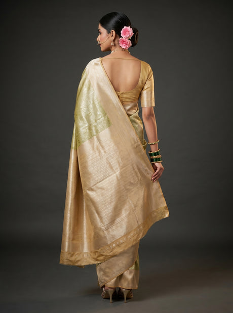 MIMOSA Olive Kanjivaram Art Silk Saree — Close up of face and pallu