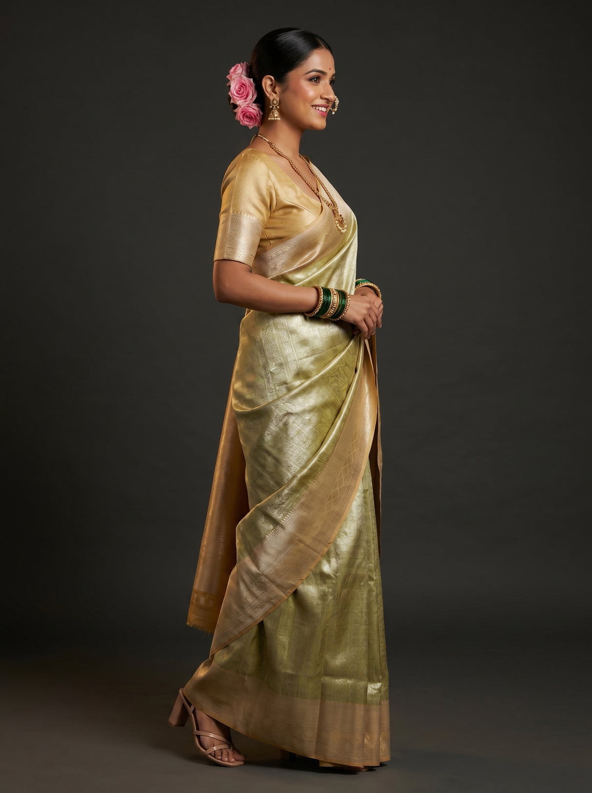 MIMOSA Olive Kanjivaram Art Silk Saree — Detail of border and blouse