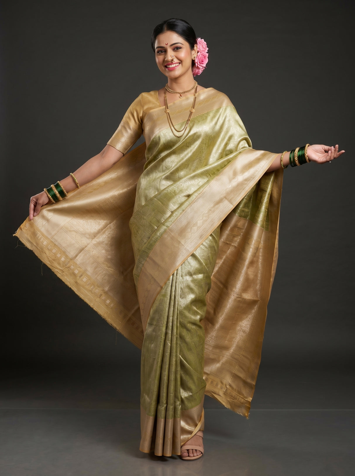 MIMOSA Olive Kanjivaram Art Silk Saree — Fabric and pleats view