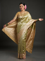 MIMOSA Olive Kanjivaram Art Silk Saree — Fabric and pleats view