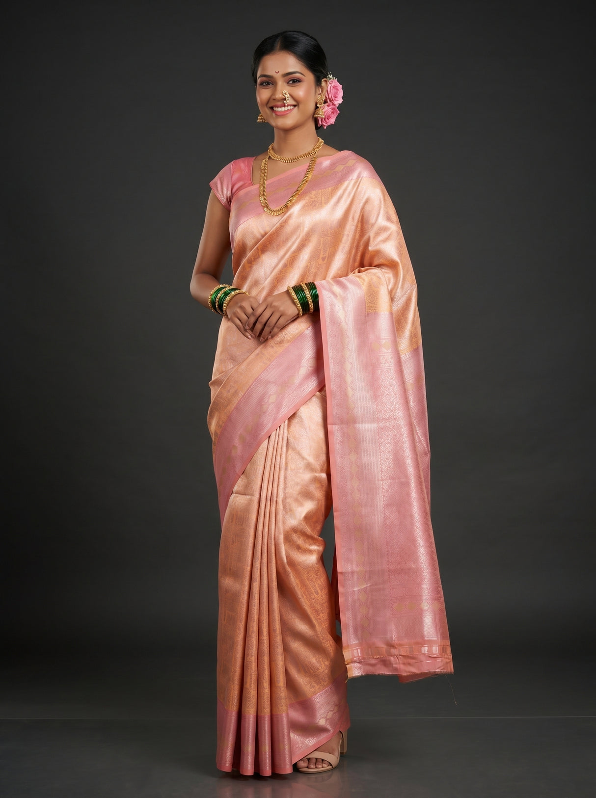 MIMOSA Peach Kanjivaram Art Silk Saree — Full View