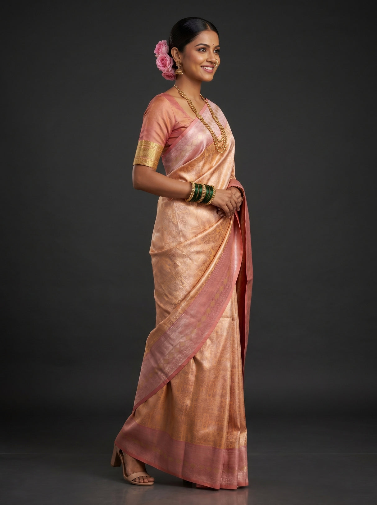 MIMOSA Peach Kanjivaram Art Silk Saree — Close up of face and pallu