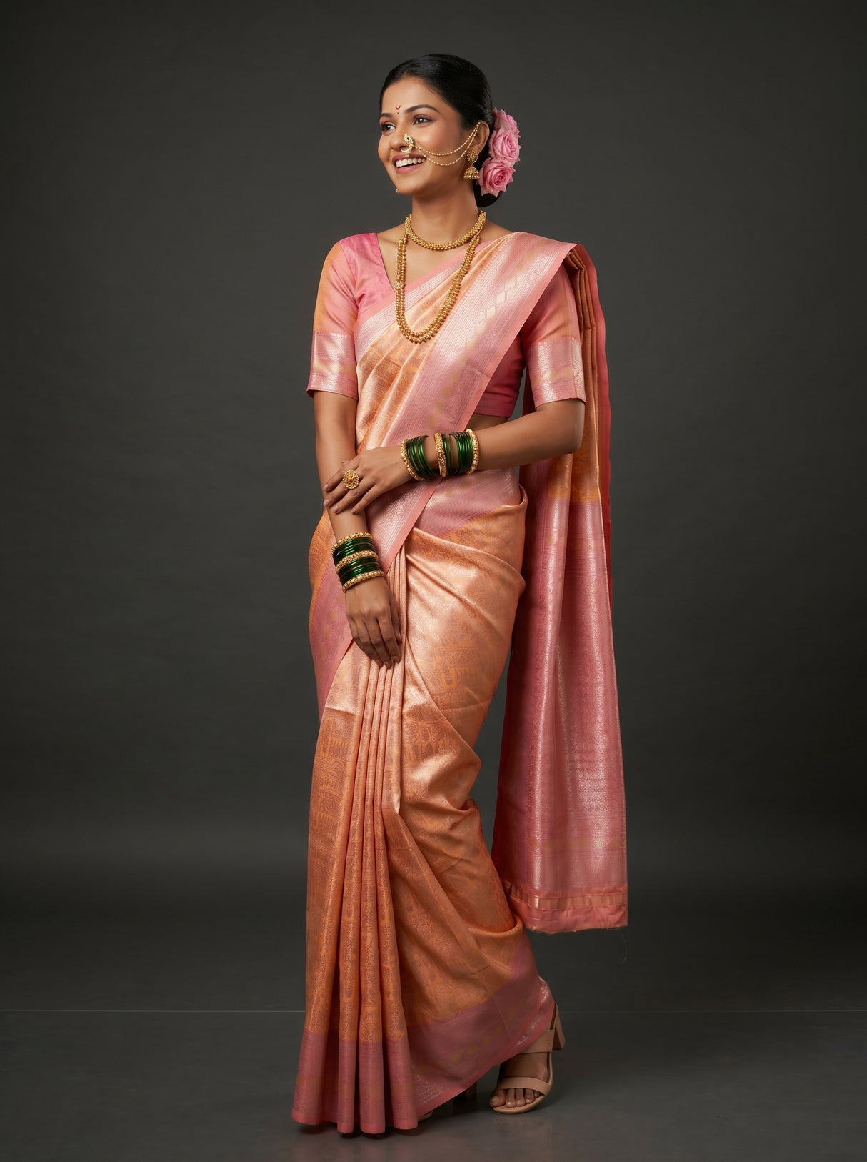 MIMOSA Peach Kanjivaram Art Silk Saree — Pallu detail