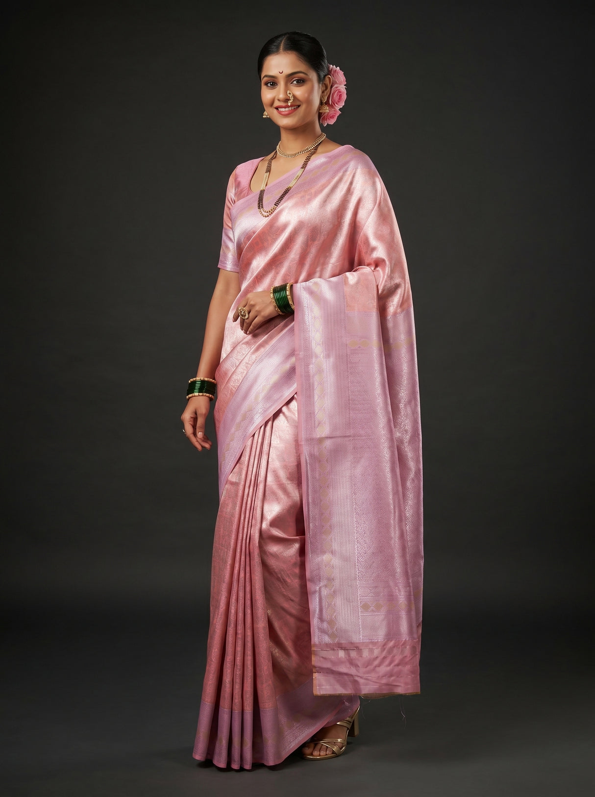 MIMOSA Pink Kanjivaram Art Silk Saree — Detail of border and blouse