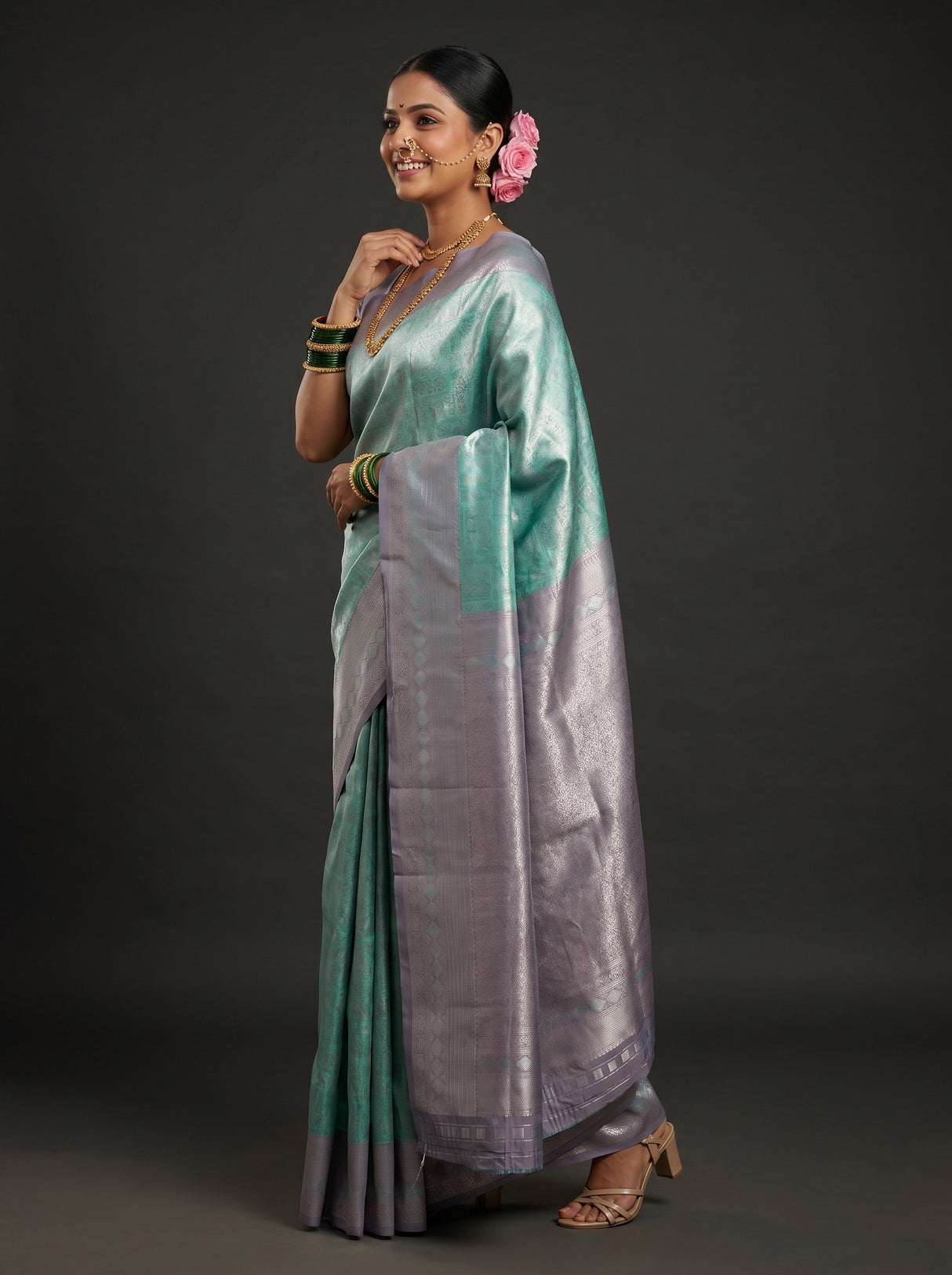 MIMOSA Rama Kanjivaram Art Silk Saree — Close up of face and pallu