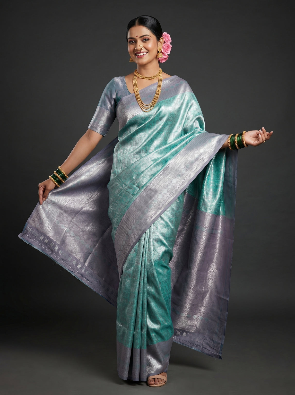 MIMOSA Rama Kanjivaram Art Silk Saree — Detail of border and blouse