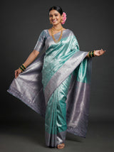 MIMOSA Rama Kanjivaram Art Silk Saree — Detail of border and blouse