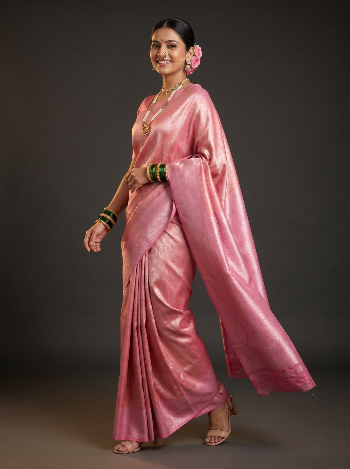 MIMOSA Strawberry Kanjivaram Art Silk Saree — Fabric and pleats view