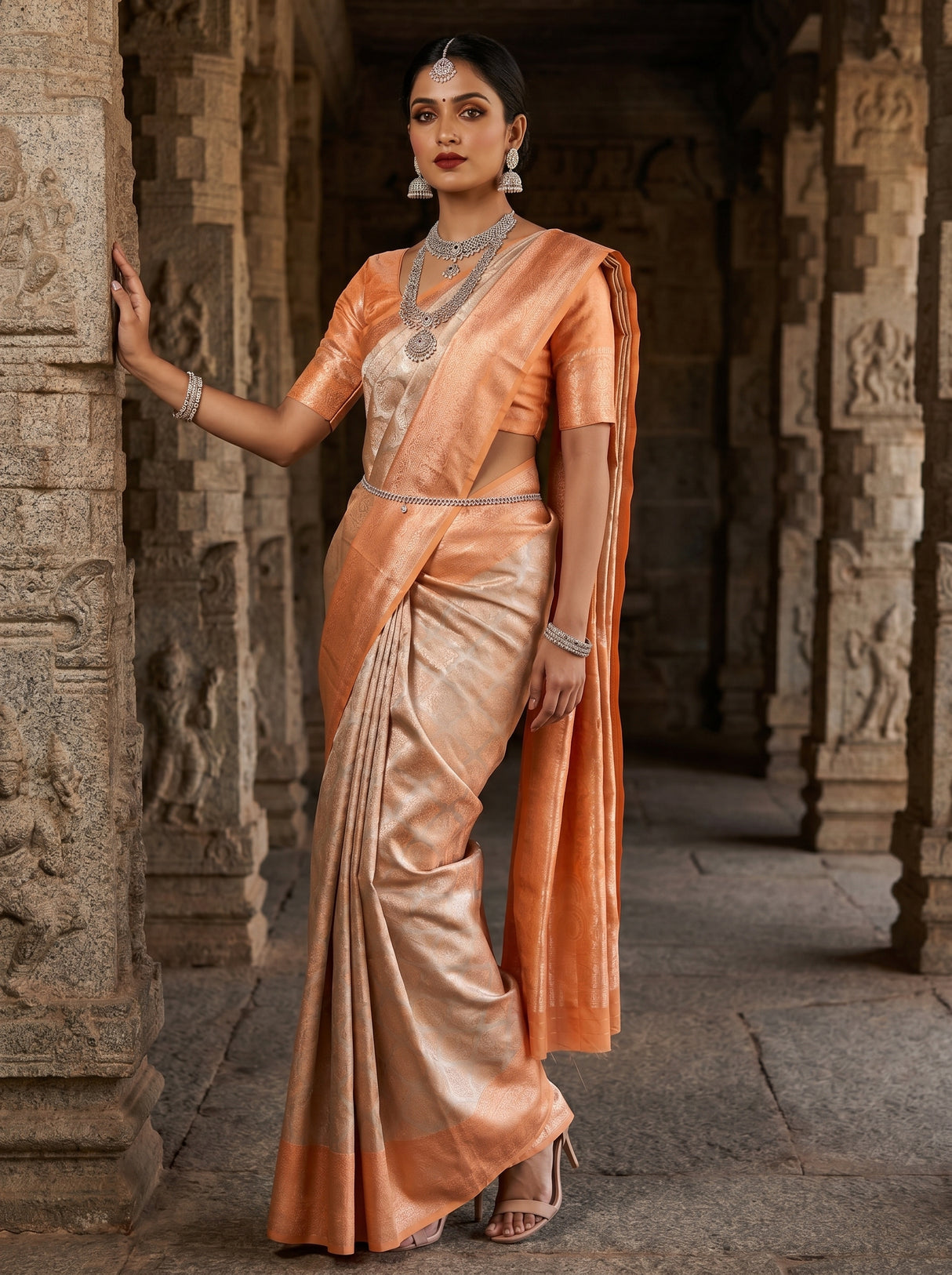 MIMOSA Chikoo Kanjivaram Art Silk Saree — Close-up of Hand and Waist Belt