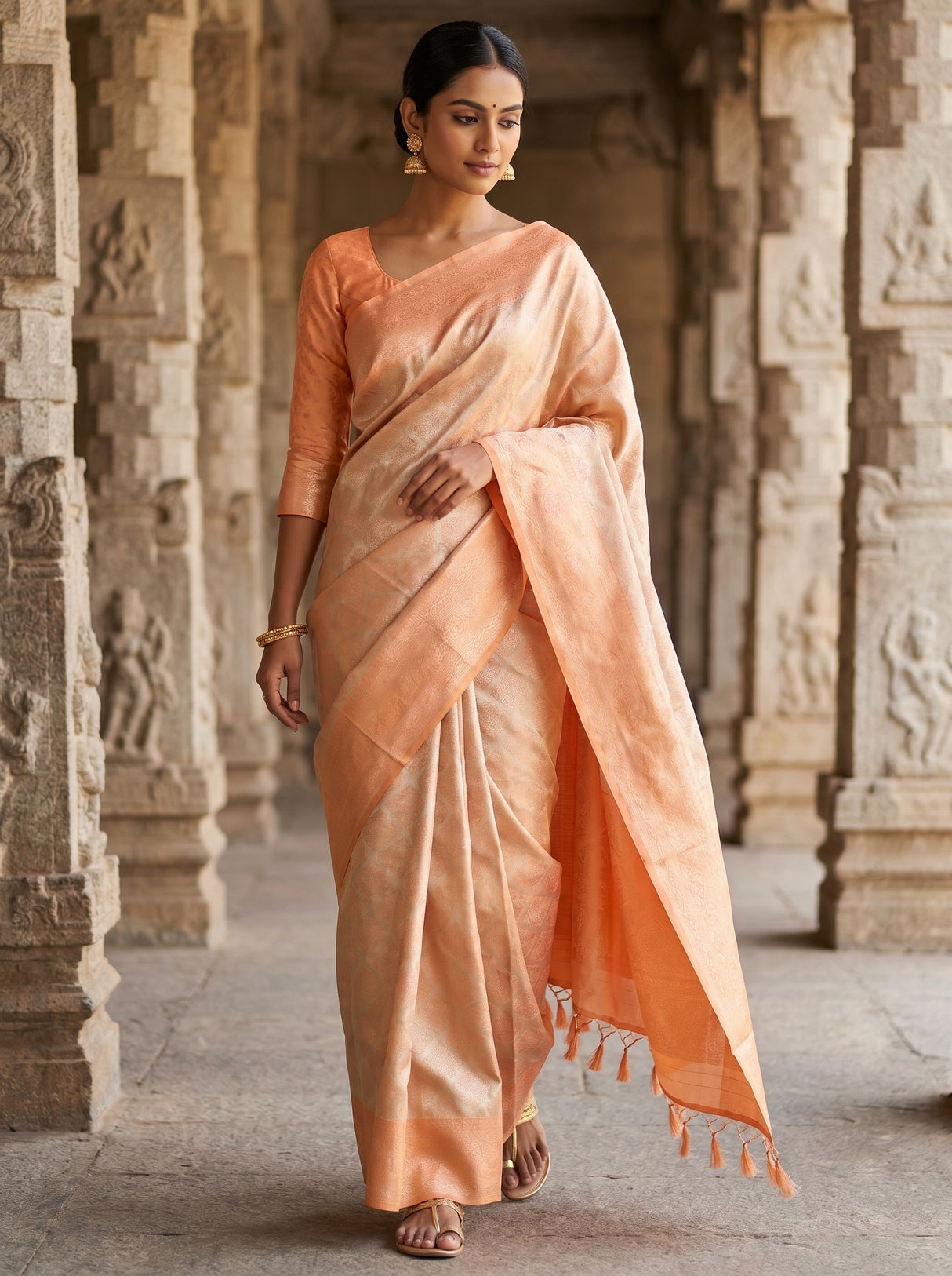 MIMOSA Chikoo Kanjivaram Art Silk Saree — Detail of Pallu Fabric