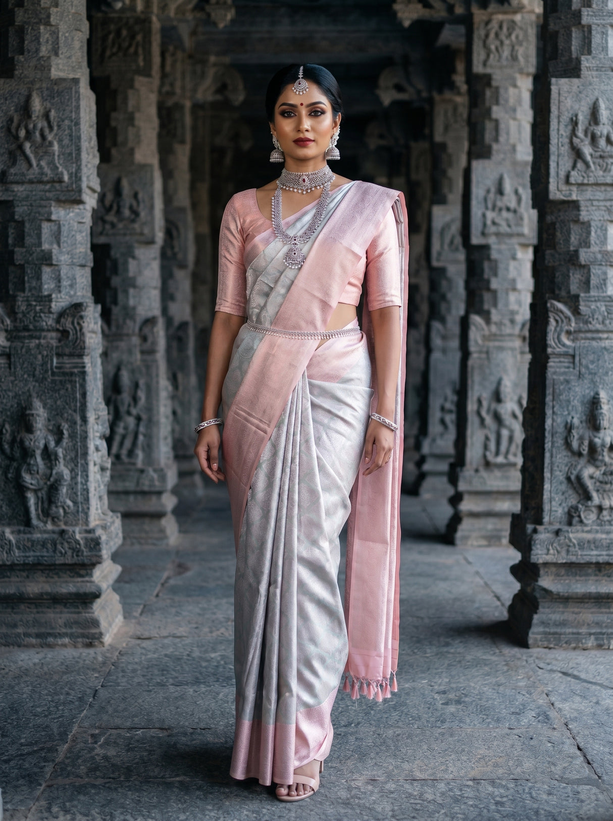 MIMOSA Grey Kanjivaram Art Silk Saree — Full View