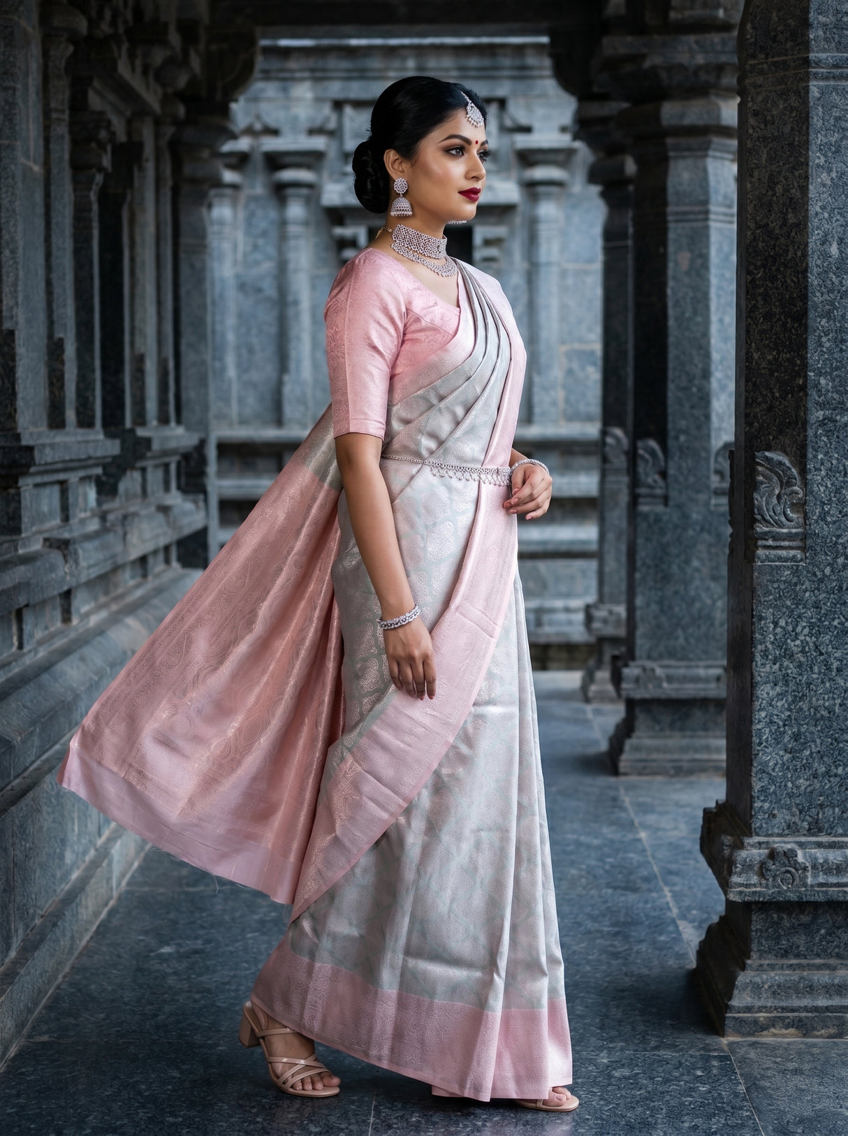 MIMOSA Grey Kanjivaram Art Silk Saree — Side View of Saree Drape
