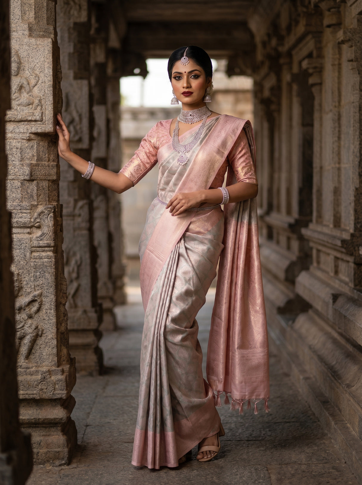 MIMOSA Grey Kanjivaram Art Silk Saree — Close-up of Hand and Waist Belt