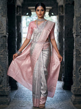 MIMOSA Grey Kanjivaram Art Silk Saree — Close-up of Saree Body and Pallu