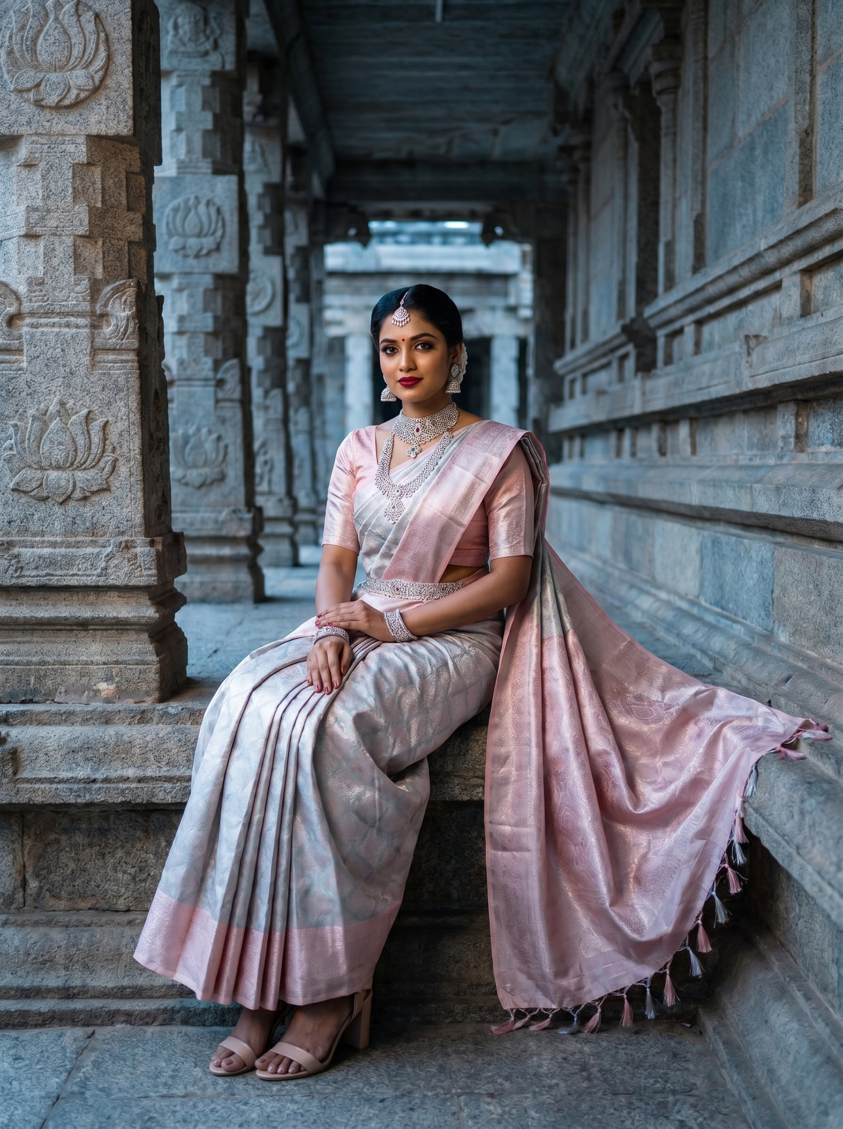 MIMOSA Grey Kanjivaram Art Silk Saree — Lower Body and Drape