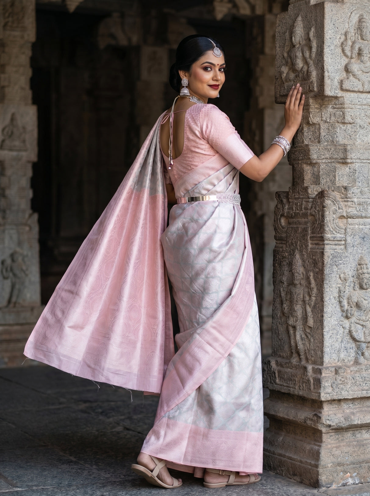MIMOSA Grey Kanjivaram Art Silk Saree — Mid-section showing pleats