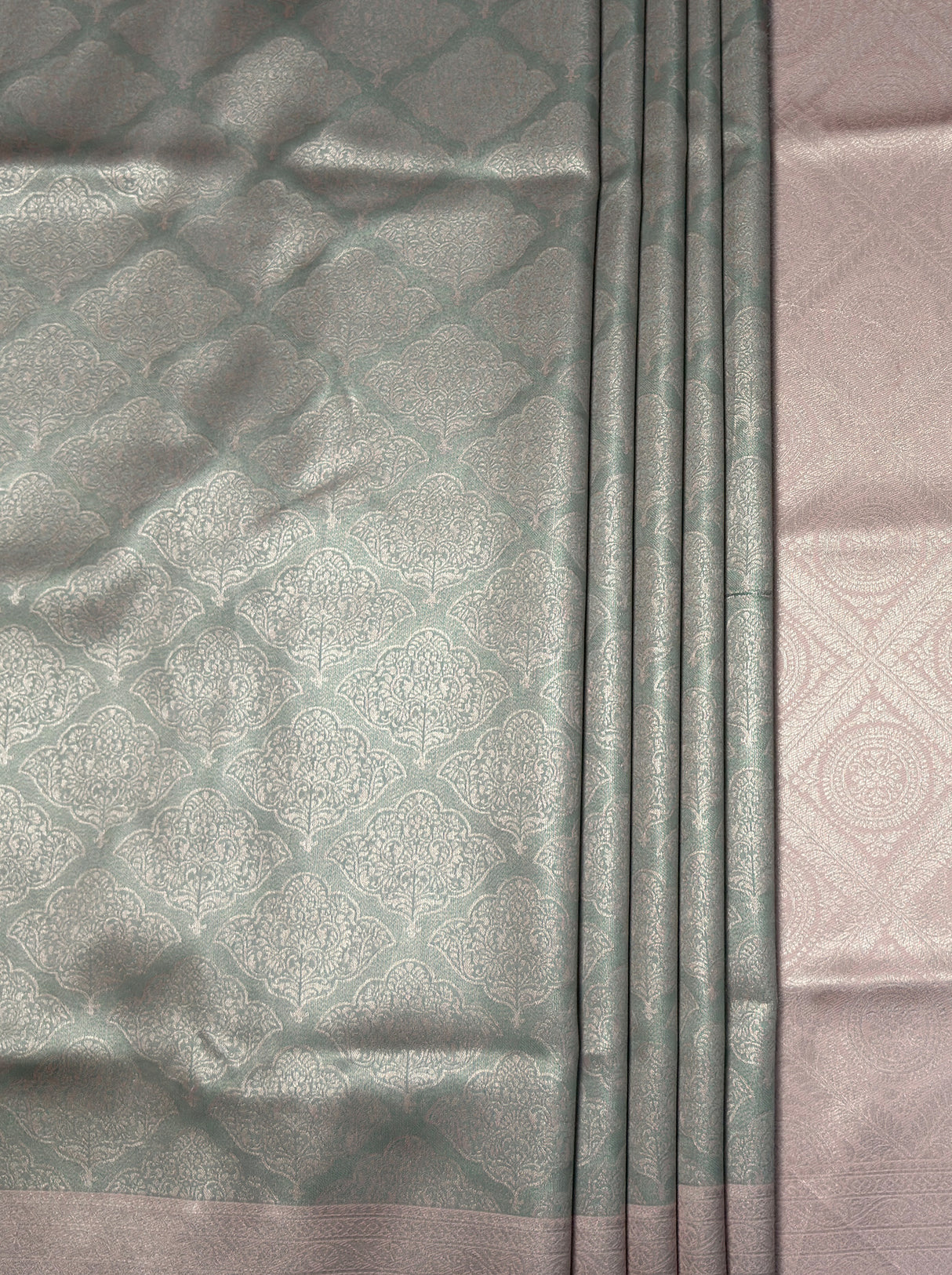 MIMOSA Grey Kanjivaram Art Silk Saree — Full view of lower drape and footwear