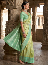 MIMOSA Olive Kanjivaram Art Silk Saree — Close-up of Model's Face and Jewelry