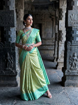 MIMOSA Olive Kanjivaram Art Silk Saree — Close-up of Hand and Waist Belt