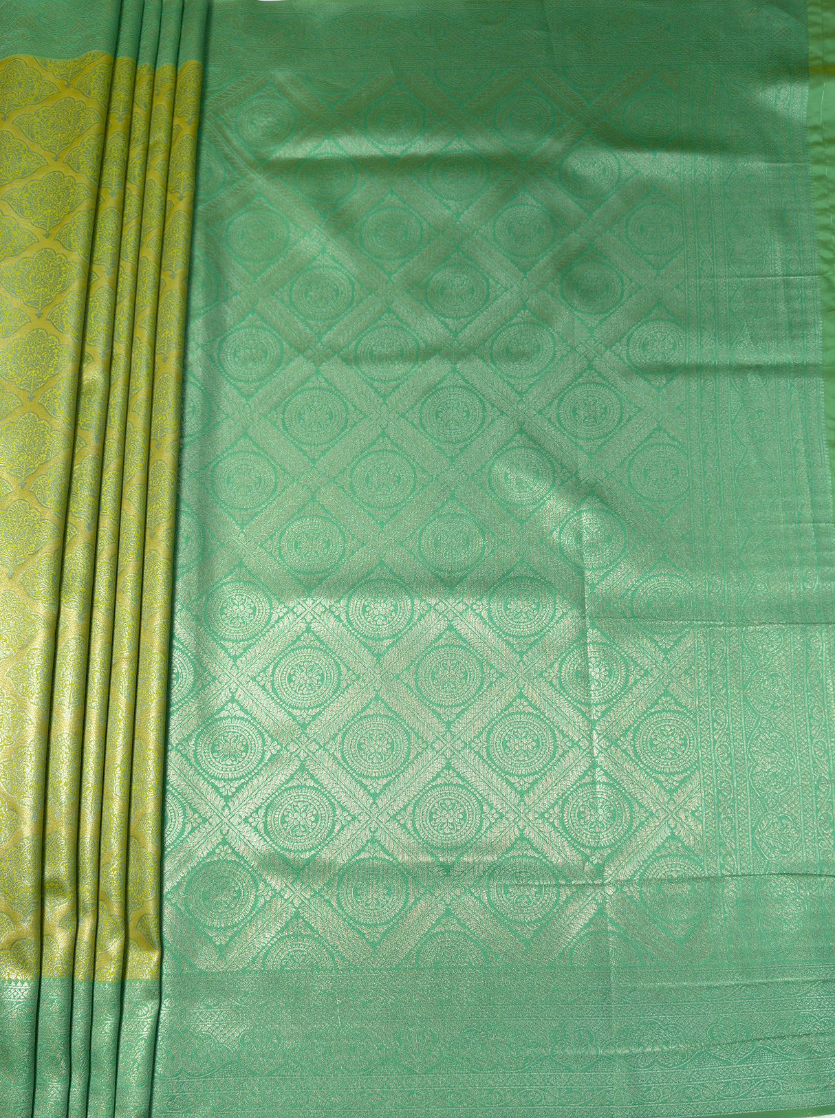 MIMOSA Olive Kanjivaram Art Silk Saree — Full view of lower drape and footwear