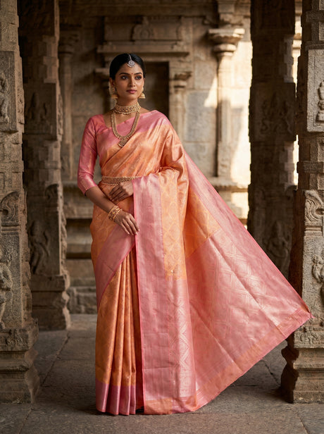 MIMOSA Peach Kanjivaram Art Silk Saree — Full View