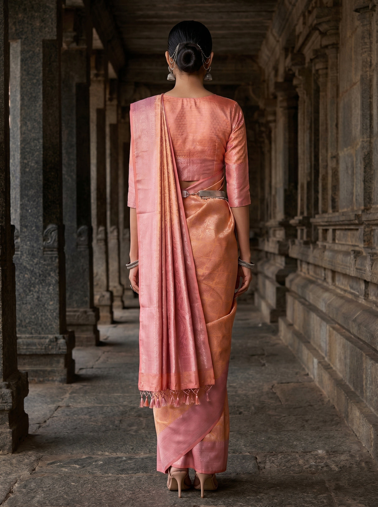 MIMOSA Peach Kanjivaram Art Silk Saree — Close-up of Model's Face and Jewelry